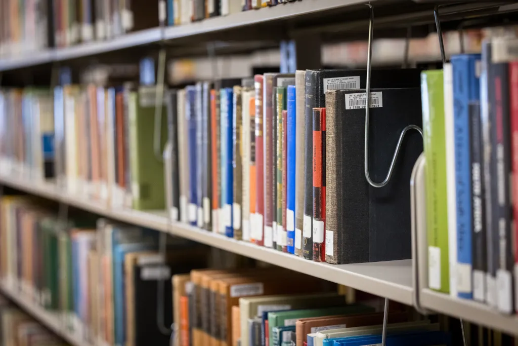 photo of books on a shelf in the library