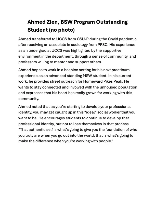 Ahmed Zien 2024-2025 Students of the Year for Outstanding Social Work