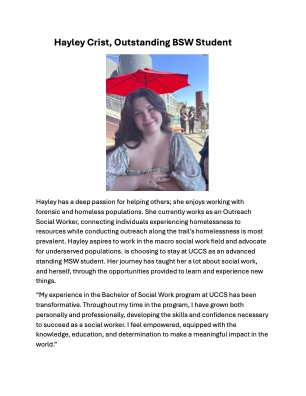 Hayley Crist 2024-2025 Students of the Year for Outstanding Social Work
